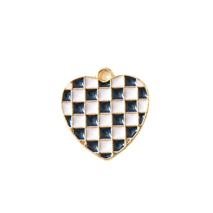 DIY heart charm with black and white checkerboard enamel and golden plated border