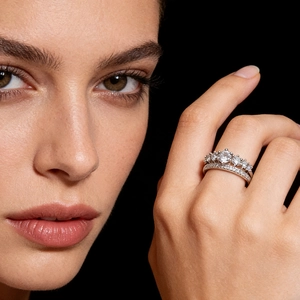 Elegant minimalist rhinestone open ring set with sparkling stones on silver band