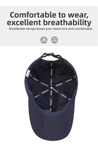 Detailed interior of navy baseball cap featuring breathable seams and adjustable strap buckle