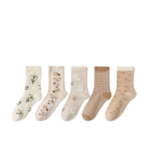 Five pairs of earthy tone cotton socks with floral embroidery and rabbit patterns