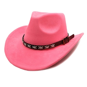 Detailed texture of hot pink suede cowboy hat with stitched faux leather decorative band