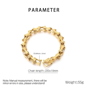 Macro detail of gold stainless steel skull bone link bracelet with 220mm length