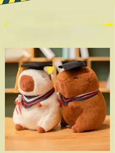 Close-up of white and brown capybara plush dolls wearing graduation gowns and doctor hats
