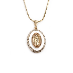 Gold plated portrait necklace featuring an oval Virgin Mary pendant with clear crystals