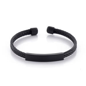 Minimalist black twisted wire cable cuff bracelet for men with matte rectangle detail
