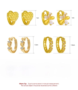 Detailed spec sheet showing copper flower and heart earrings with 1cm and 1.2cm diameters