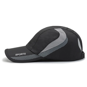 Breathable black mesh sports cap with grey panels and white sports print for outdoor running