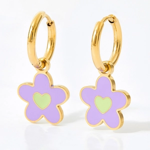 Charming golden hoop earrings with lavender flower charms and green heart enamel accents