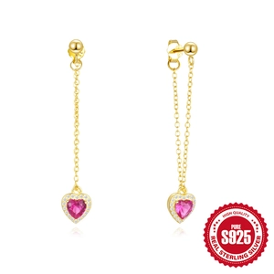 Heart Shaped Pink Zircon Long Tassel Drop Earrings With 925 Sterling Silver Earring Post Elegant Women Jewelry