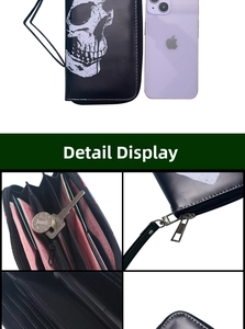Detail view of large capacity skull wallet with interior card slots and zipper pocket