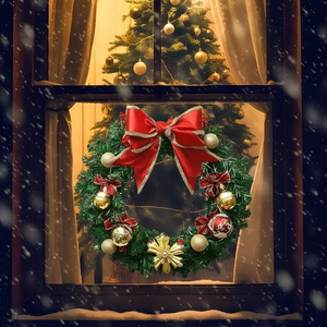Close-up of a festive Christmas wreath with red bows and gold ornaments on a snowy window