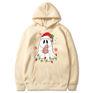 Beige Christmas ghost print hoodie with drawstring hood and kangaroo pocket for couples