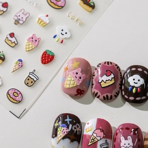3D 5D embossed nail art stickers with cute cake, bunny and cloud patterns for DIY nails