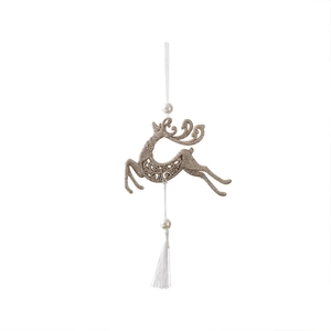 Golden glitter reindeer Christmas ornament with white pearls and silk tassel hanging decor
