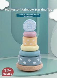 Detail view of Montessori rainbow tower featuring smooth wood texture and a cute lion topper