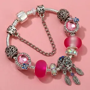 Silver-plated DIY charm bracelet with pink crystal beads and butterfly tree charms