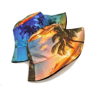 Unisex coconut tree print bucket hat with tropical sunset and dawn ocean patterns
