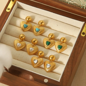 18K gold plated stainless steel heart earrings with turquoise and malachite stones