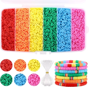 Detailed set of vibrant rainbow clay beads with elastic cord and plastic organizer box