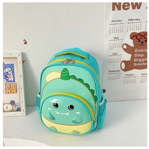 Cartoon green dinosaur kids backpack with yellow accents on a minimalist background