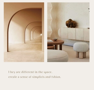 Minimalist cream-colored stool and wood table set in a modern artistic home setting