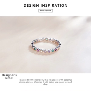 Close-up of S925 sterling silver ring with colorful rainbow cubic zirconia stones