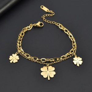 Bracciale a doppia catena in acciaio inossidabile dorato con tre ciondoli a trifoglio