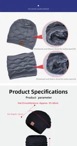 Detailed view of thick fleece lining and dimensions for winter knit hat and scarf set