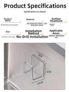 Detail showing self-adhesive stainless steel sponge holder mounted on kitchen sink