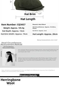 Detailed size specifications for dark green herringbone wool blend newsboy cap