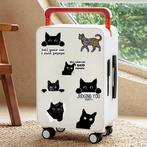 Waterproof peekaboo black cat stickers on white luggage with funny quotes for car or laptop