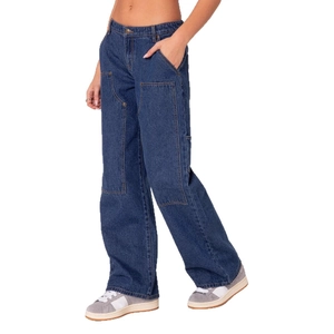 Jean cargo femme à jambes larges en denim bleu foncé avec doubles poches aux genoux