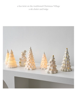Close-up of white ceramic Christmas trees and glowing snowman with warm LED light