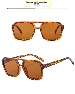Detail view of leopard print square sunglasses with tea lenses and double bridge design