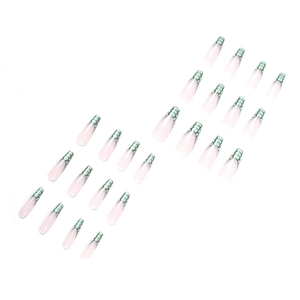 Pink gradient long coffin false nails with green crocodile skin pattern accents