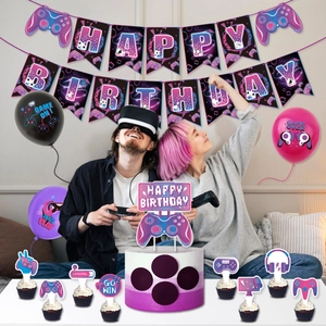 Detailed game on birthday party decorations set with gaming banners and neon cake toppers