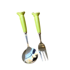 Green cartoon frog stainless steel spoon and fork set for students on white background