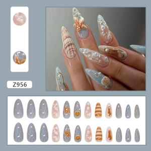 Ocean-themed press-on nails with 3D starfish, shells, and pearls 24pcs set