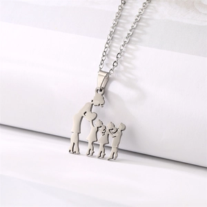 Close-up of a silver stainless steel necklace featuring a warm family of four silhouette