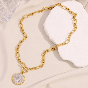 18K gold plated stainless steel chunky chain necklace with angel coin pendant