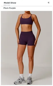 Detail of plum purple seamless yoga set featuring a U-neck sports bra and high-waisted shorts