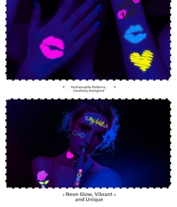 Neon glowing heart and lip temporary tattoos for music festivals and parties
