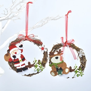 Christmas rattan wreath set with Santa and reindeer felt dolls for festive door decoration
