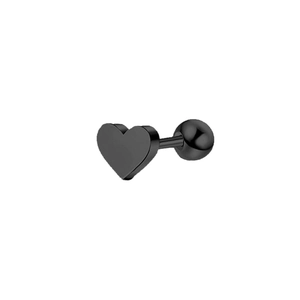 Detail of a black heart-shaped stainless steel ear stud with a secure screw ball back