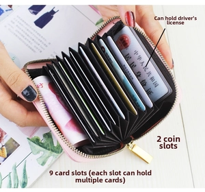Detailed interior of a pink accordion card holder with multiple slots and gold zipper