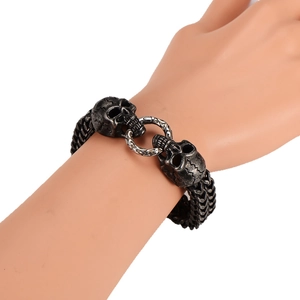 Bracciale da uomo a doppia fila in acciaio inossidabile con teschio e chiusura ad anello