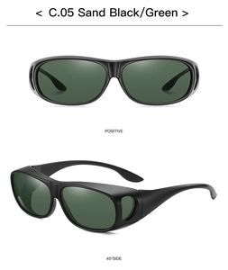Detailed front and side views of matte black fit-over sunglasses with dark green lenses