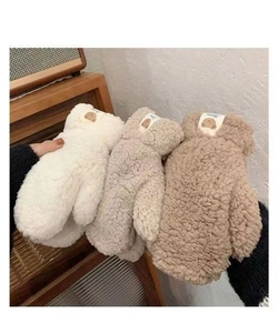 Plush winter mittens in white, beige, and khaki colors with cute bear labels