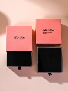 Pink drawer jewelry box with black interior and Best Wishes gold lettering detail