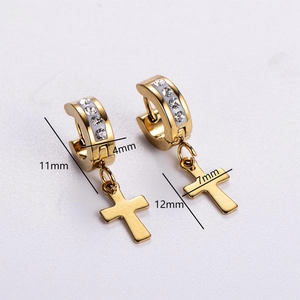 Minimalist gold-plated cross hoop earrings with white rhinestones and dimensions measurement